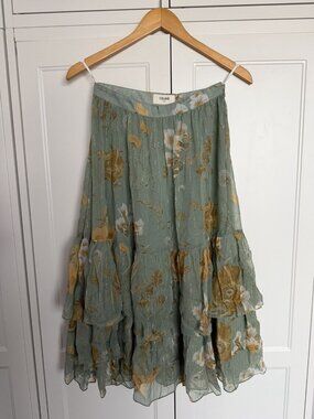 Celine Paris Silk Floral Tiered Ruffle Skirt Sage Green 36